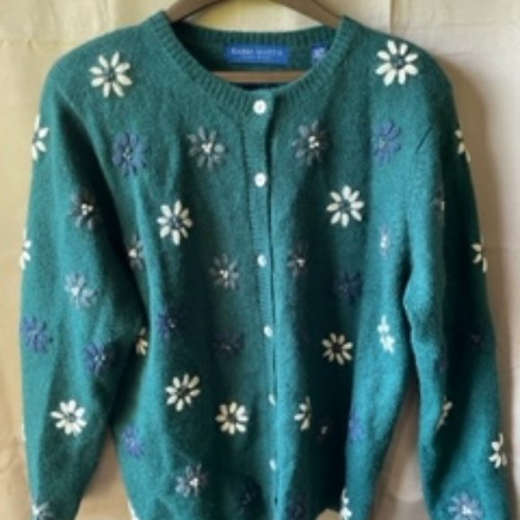 Karen Scott Sweaters - Green Floral Embroidered Button-Front Sweater